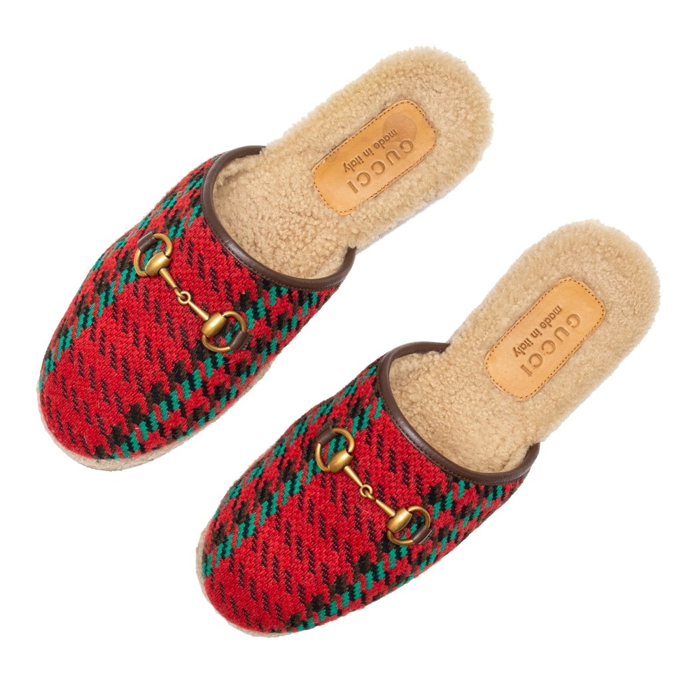 Gucci Fria Horsebit Houndstooth Wool Shearling Slippers Red Green UK 8.5 US 9